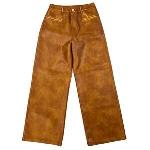 Women's Anewsta Orange Tan Faux Leather Wide Leg High Rise Trouser Pants (Sz 6)